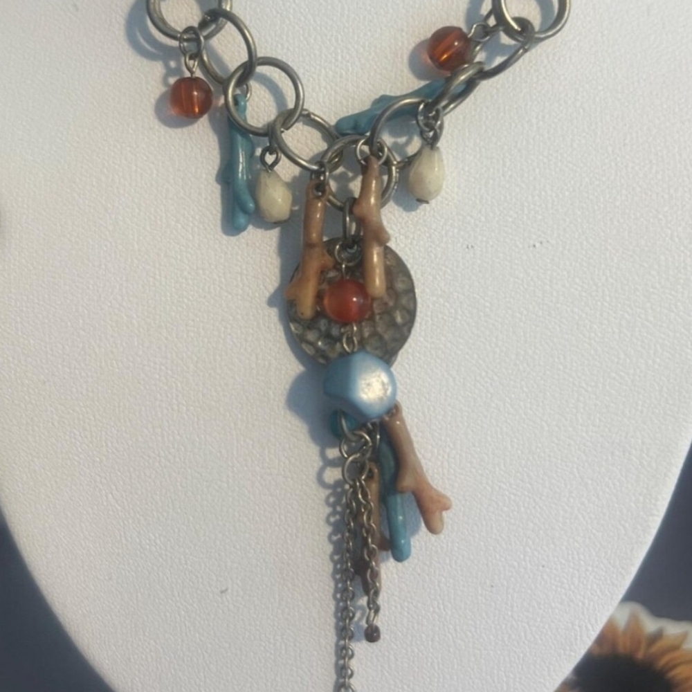 Vintage Robert Rose Necklace Silver Tone Southwestern Acrylic Beads Estate 15"